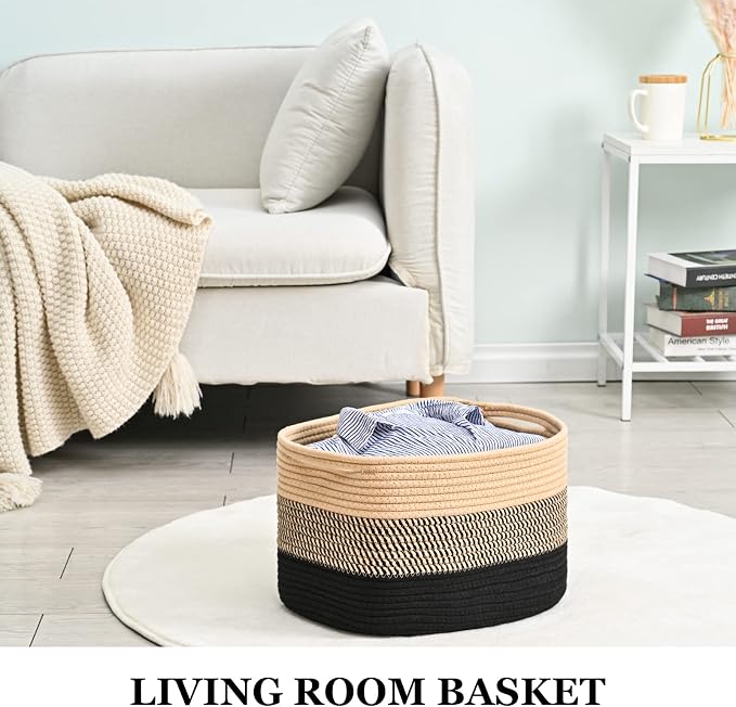 Cotton Rope Storage Baskets for Organizing 1Pack 15"x10"x9" Woven Baskets for Storage,Shelf Baskets Cube Storage Bins Towel Baskets for Bathroom,Toys Baskets Nursery Basket Laundry Baskets(Black/Brown) - Image 7