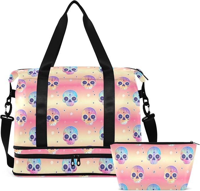 Travel Duffel Tote Bag Cute Skull Head Sports Duffel Bag with Wet Pocket Weekender Overnight Bag for Women Men Gym Bag, Carry On Bag Hospital Bag for Labor and Delivery by MNSRUU