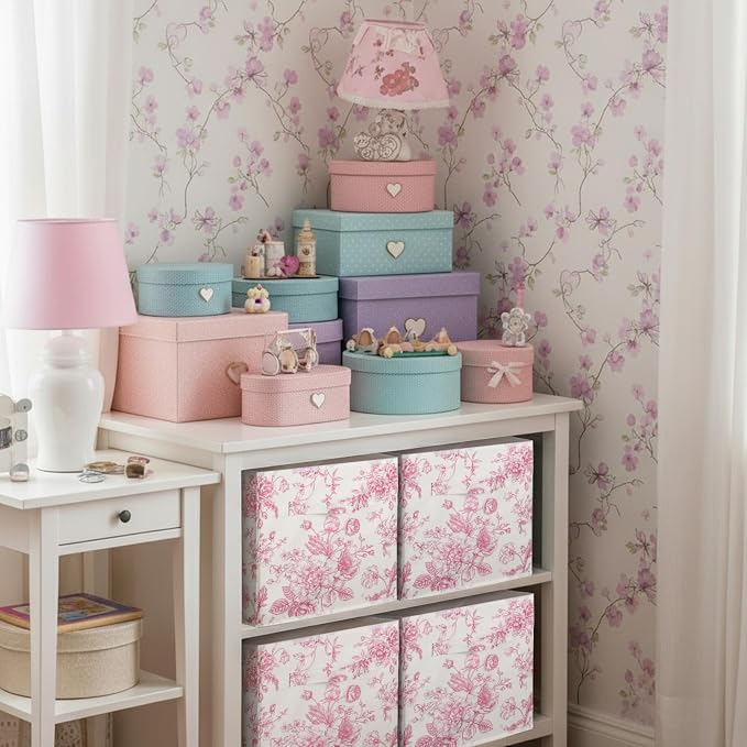 6 Pcs Pink Floral Cube Storage Bins 11 Inch Pink Flower Storage Basket with Handle, Preppy Girls Organizer Basket, Collapsible Fabric Box for Classroom Bedrooms Office Home Decoration Gift - Image 5
