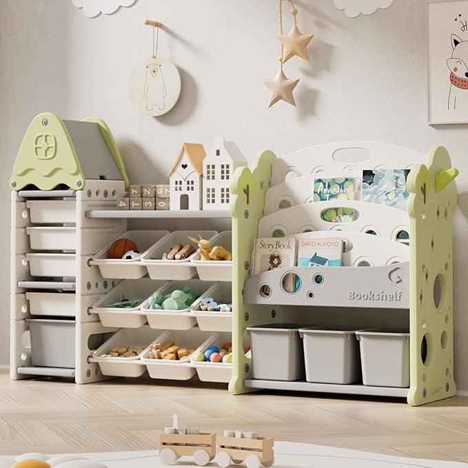 Pipleo Kids Toy Storage Organizer with 17 Removable Bins, 4-Tier Bookshelf for Kids, Multi-Purpose Castle-Shaped Toy Organizer for Playroom, Bedroom, Nursery, Living Room (Green) by PIPLEO