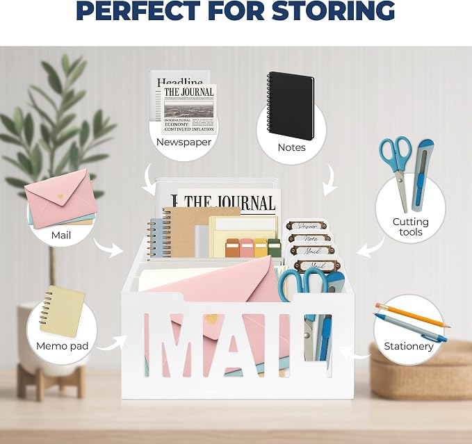 Mail Organizer Countertop, Desktop Mail Sorter with 4 Slots & Labels, White | Bills, Letters, Envelopes & Receipts - Image 2