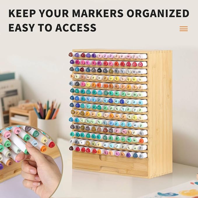 AUTOARK Natural Bamboo Marker Organizer with Drawer, AHK-065 | 182 Slots - Image 4