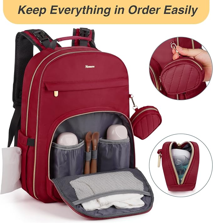 Diaper Backpack for Women Large Capacity with Insulated Pockets Diaper Bags For Baby,Burgundy - Image 2