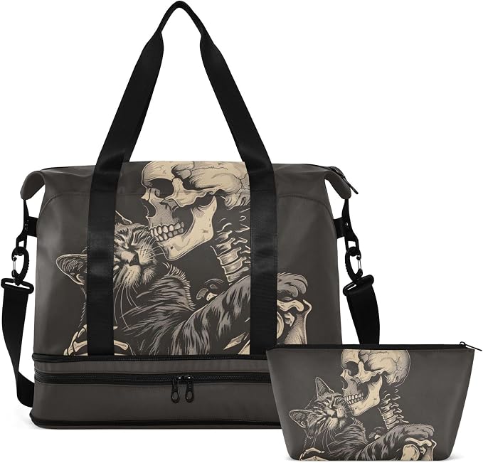 Travel Duffel Tote Bag Cat Snuggled Human Skeletal Skull Sports Duffel Bag with Wet Pocket Weekender Overnight Bag for Women Men Gym Bag, Carry On Bag Hospital Bag for Labor and Delivery by MNSRUU
