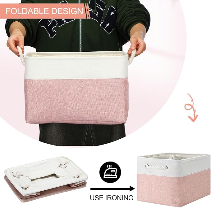 FoldTier 10 Pack Large Collapsible Fabric Storage Baskets with Handles Decorative Storage Bins for Organizing Shelves Toys Clothes (Pink & White,16 x 12 x 10 Inches) - Image 4
