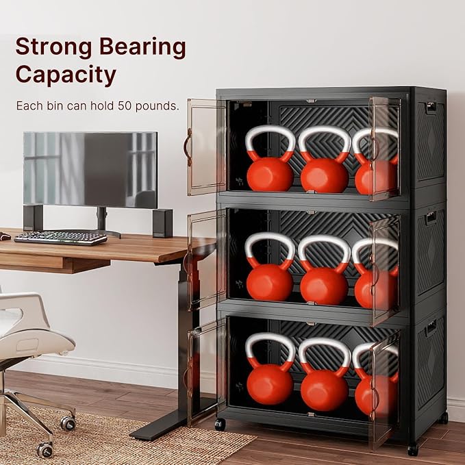 Stackable Storage Bins with Lids, 540QT Lockable Storage Cabinet | Folding Storage Box with Doors and Wheels, Collapsible Plastic Drawers for Home, Garage, Office - Image 10