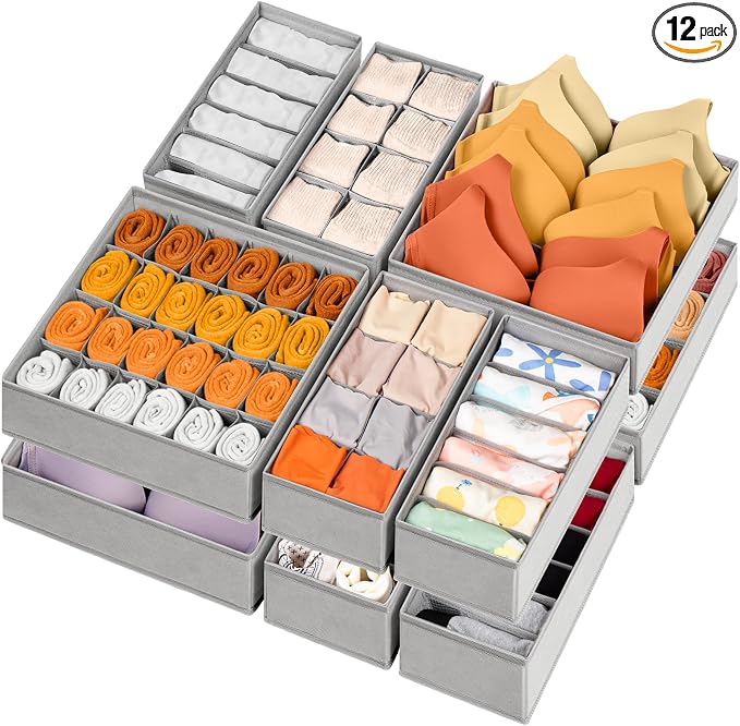 12 Pack Sock Underwear Drawer Organizer Dividers, 116 Cells Fabric Foldable Dresser Closet Organizers and Storage Bins for Baby Clothing, Women Men Underwear Socks, Bra, Ties, Scarf by Criusia