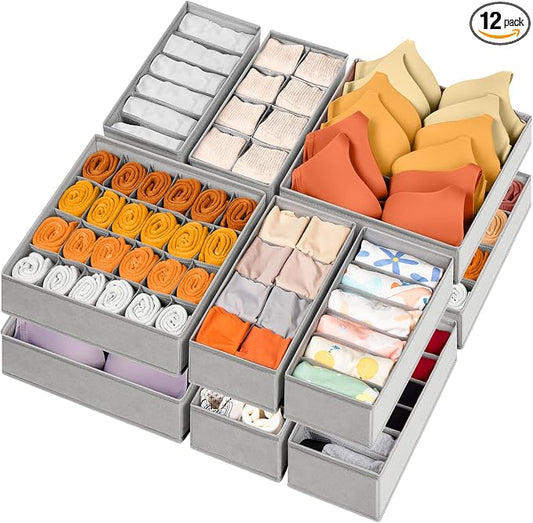12 Pack Sock Underwear Drawer Organizer Dividers, 116 Cells Fabric Foldable Dresser Closet Organizers and Storage Bins for Baby Clothing, Women Men Underwear Socks, Bra, Ties, Scarf by Criusia