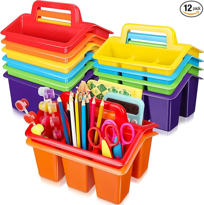 WILLBOND 12 Pcs Classroom Storage Caddies Stackable Utility Caddies with 4 Compartment Plastic Caddy with Handle Portable Storage Bins Organizers for Kids Schools Art Craft Supplies(Colorful) by Willbond+Technology+Limited