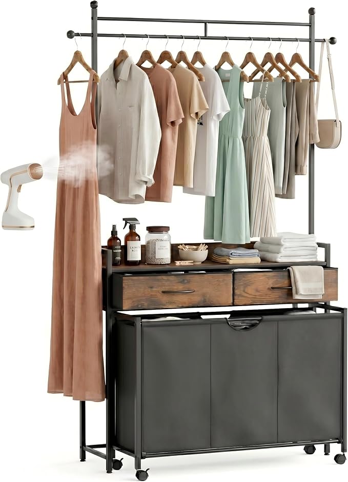 Mondeer 150L Laundry Sorter with Hanging Rack, 3 Compartments, 2 Drawers | Shelf, Wheels, Pull-Out Laundry Hamper for Bathroom Bedroom, Rustic Brown and Black - Image 2
