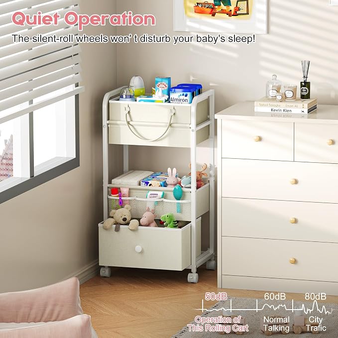 Cidaziya 2In1 Baby Diaper Caddy Organizer and Storage, 3 Tier Rolling Cart with Drawer, Detachable Dividers, Mobile Utility Cart Baby Dresser Clothes Organizer for Baby Essentials, Bedroom, Nursery - Image 6