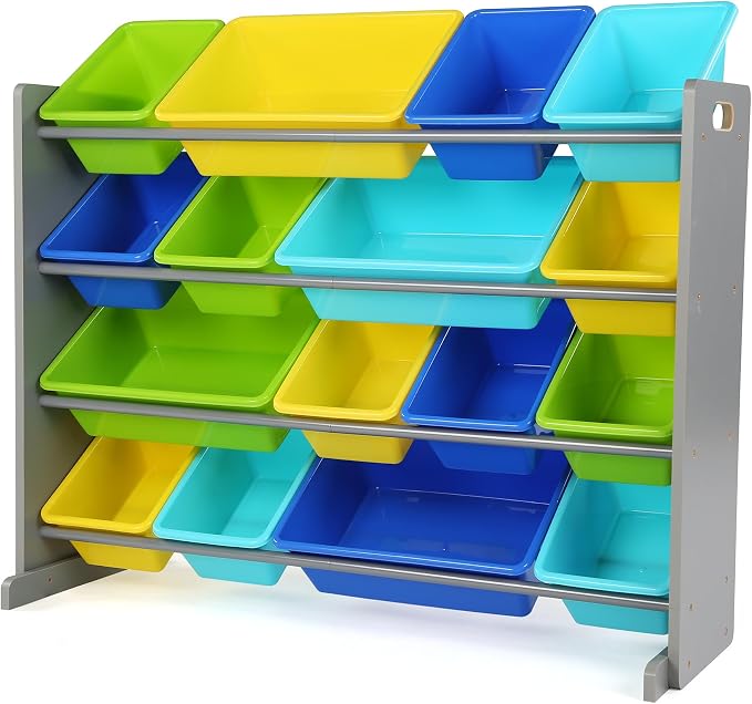 Humble Crew Kids Toy Organizer with 16 Bins, 4 Tier Storage for Playroom | Sturdy wood and steel toddler shelf, removable BPA-free containers, wall anchor anti-tip safety kit for bedroom or classroom by HumbleCrew