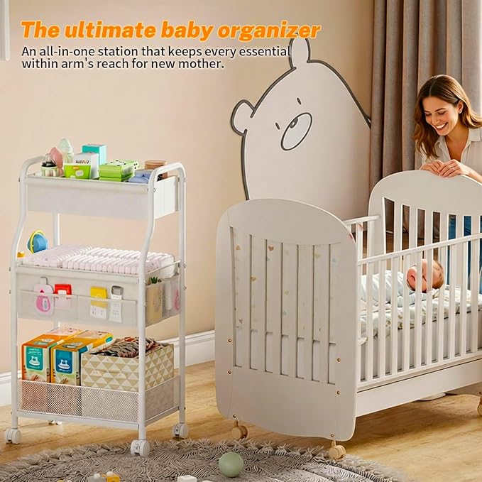 3-Tier Diaper Caddy Organizer & Rolling Cart,Metal Utility Cart with 4+2 Dividers & Lockable Silent Casters, Mobile Storage Cart for Nursery Essentials, Multi-Purpose for Kidsroom Changing Table - Image 6