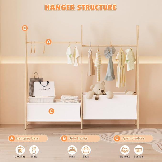 NACHES Small Kid Clothing Rack Wood Montessori Garment Rack for Toddler Baby Wardrobe Closet Compact Dress Up Storage Organizer Hanging Rod with Basket for Costume Princess Skirt Coat Bedroom Nursery - Image 4