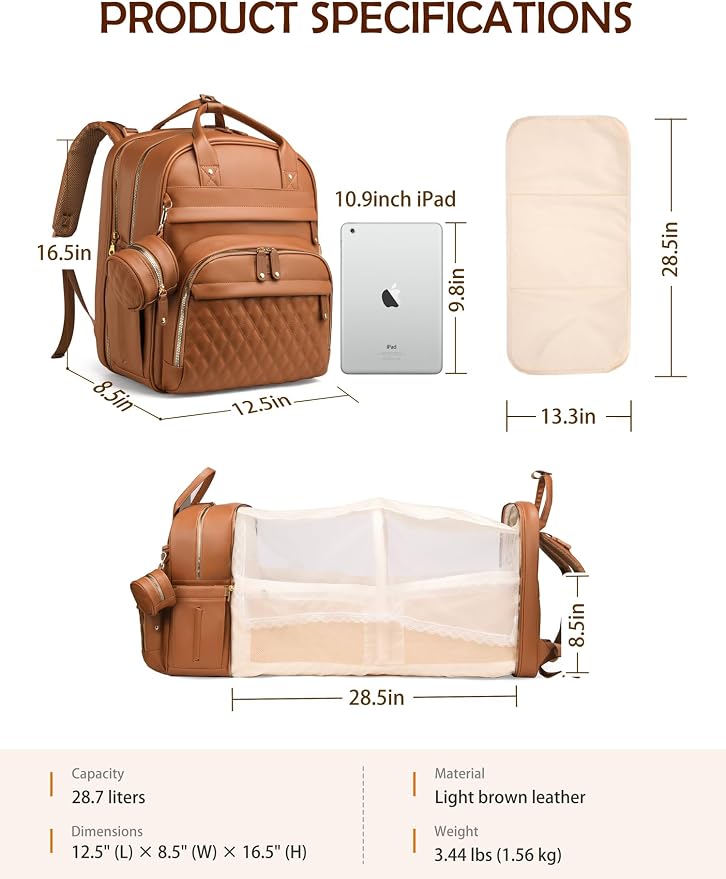 Diaper Bag Backpack with Changing Station, Waterproof for Travel, Vegan Leather, Brown - Image 3