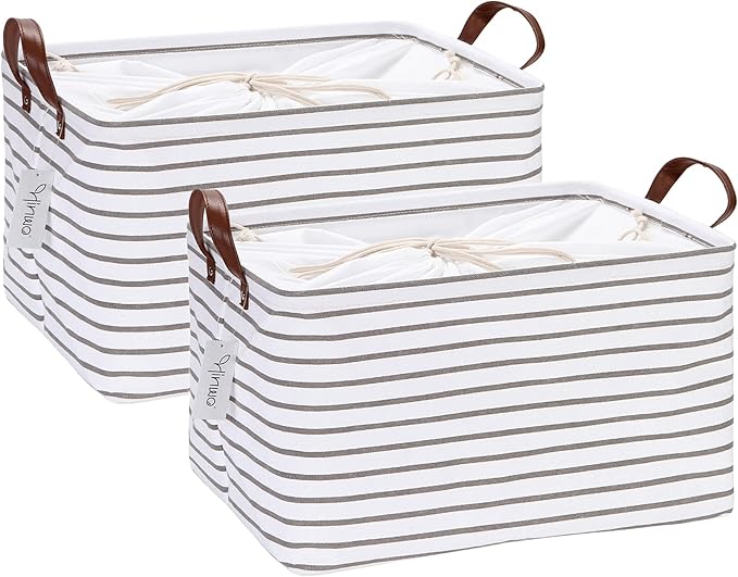Hinwo 2-Pack Large Canvas Fabric Storage Baskets with Handles, 31L Rectangle Storage Bins, Collapsible Storage Box, Clothes, Toys, Blankets Organizers, 16.5 x 11.8 x 9.8 inches, (Grey Stripe) by Hinwo