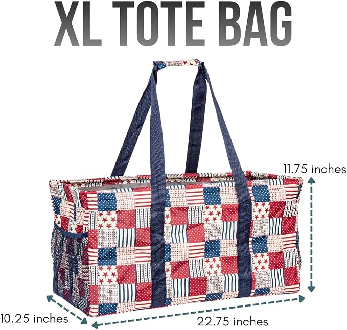 Extra Large Utility Tote Bag - Oversized Collapsible Reusable Wire Frame Rectangular Canvas Basket With Two Exterior Pockets For Beach, Pool, Laundry, Car Trunk, Storage - Patriotic Americana - Image 4