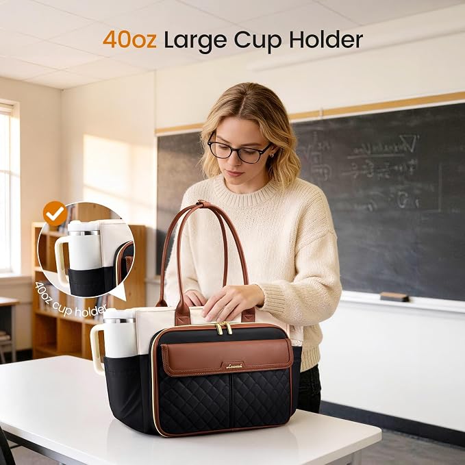 LOVEVOOK 17 Inch Laptop Tote Bag for Women, Teacher Nurse Work Tote Bags with Large Cup Holder & Accordion File Area for Office, Travel, College, Computer Handbags Quilted Diaper Bag Gifts - Image 3