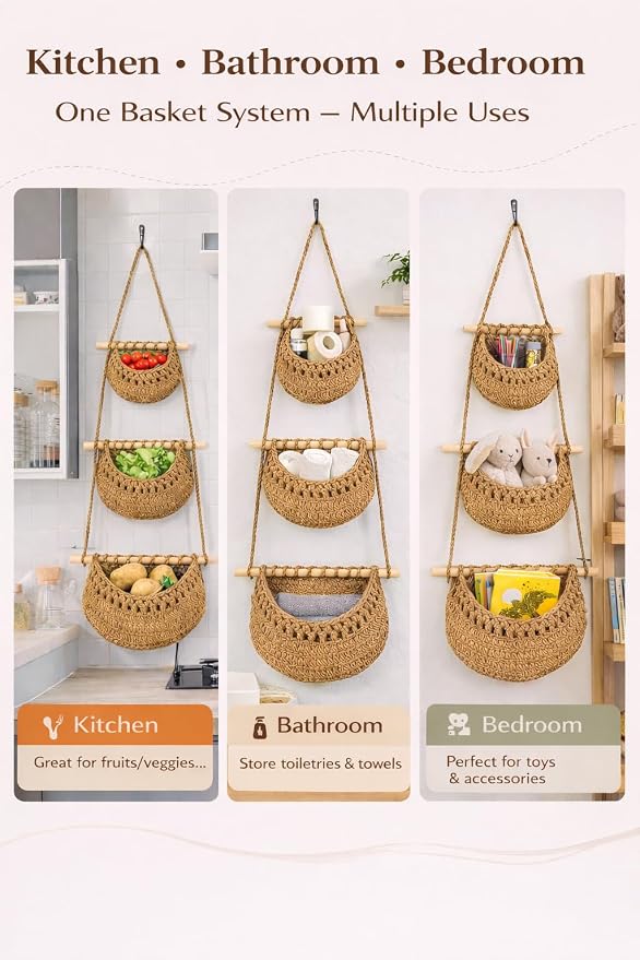 Hanging Wall Basket (3-Tier) Organizer – Cotton Rope Wall Storage for Bathroom, Kitchen & Nursery – Detachable Baskets + No-Drill Adhesive Hooks Included (Renter Friendly) - Image 2