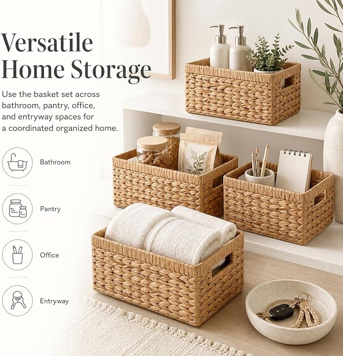 Water Hyacinth Wicker Storage Baskets for Shelves, Set of 4 | Shelf Baskets, Basket with Handle, for Pantry, Kitchen, Bathroom, Closet Storage, 13x8.25x7in - Image 2