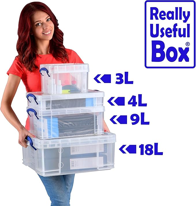 Really Useful Box 4 Liter Plastic Stackable Storage Container w/Snap Lid & Built-In Clip Lock Handles for Home & Office Organization, Clear (3 Pack) - Image 9
