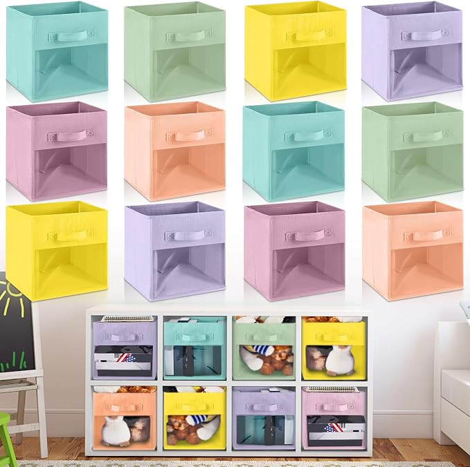Marsui 12 Pcs Clear Cube Storage Bins Pink Collapsible Kids Storage Bins Fabric Classroom Organizer with Window for Kid Playroom Room Daycare Nursery(Pastel) by Marsui