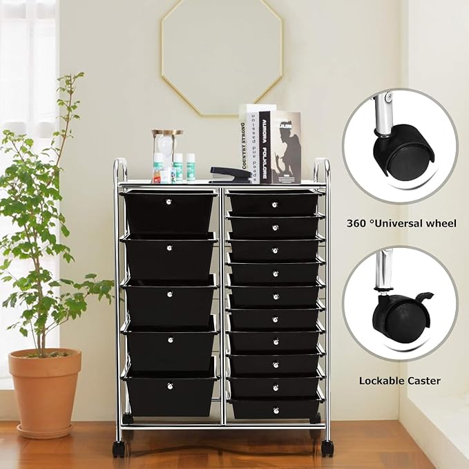 15 Drawer Rolling Storage Cart, Rolling Cart with Drawers for Classroom, Art Supply Craft Organizer on Wheel with Metal Frame & Handles for Home Office School - Image 6