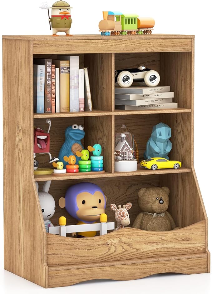 HONEY JOY Kids Toy Storage Organizer with Bookcase, 4-Cubby Organization Storage Cabinet w/Display Shelf, Wooden Toy Storage Unit for Playroom, Nursery Daycare (Natural) by HONEYJOY
