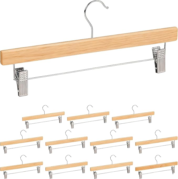 Relaxdays Wooden Pants Hangers Set of 12, Adjustable Clamps, 360° Swivel Hooks, 35.5 cm Wide by Relaxdays