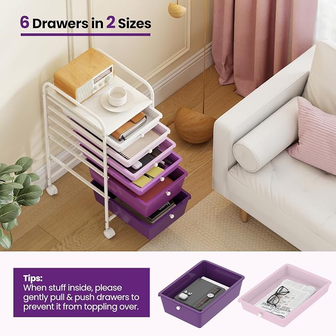 Giantex 6 Storage Drawer Cart Rolling Organizer Cart for Tools Scrapbook Paper Home Office School Multipurpose Mobile Utility Cart, Purple Gradient - Image 8
