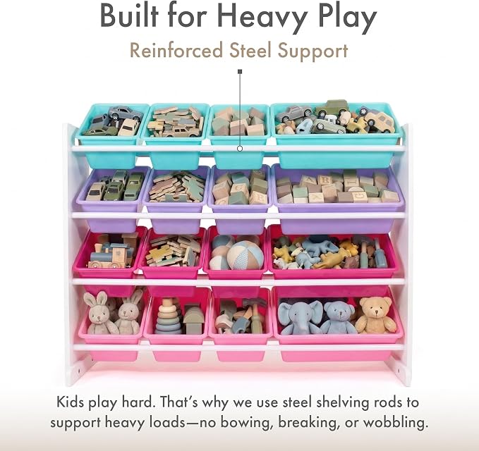 Humble Crew Kids Toy Organizer with 16 Bins, 4 Tier Storage for Playroom | Sturdy wood and steel toddler shelf, removable BPA-free containers, wall anchor anti-tip safety kit for bedroom or classroom - Image 4