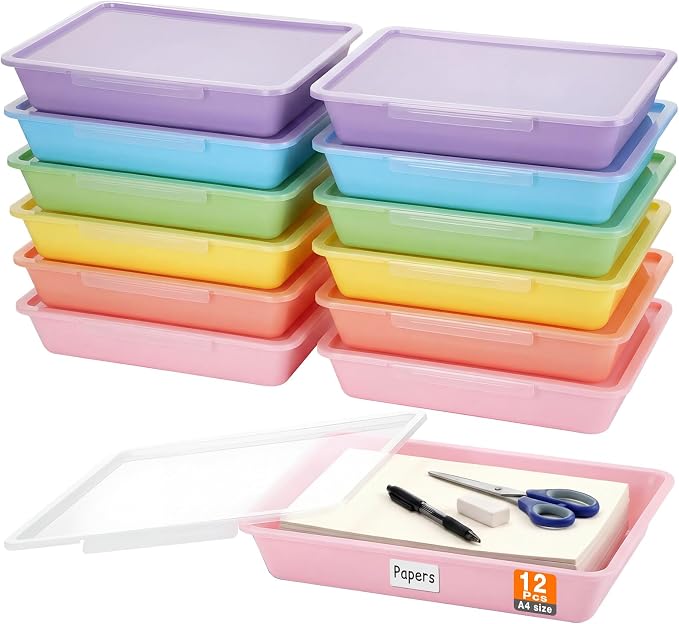 12 Pcs Classroom Paper Storage Bins with Clear Latching Lids Labels, Letter Size Stackable Flat Trays Container Paper Organizer for Teacher Back to School Office Arts Crafts (Macaron,13x10in) by Tinlade