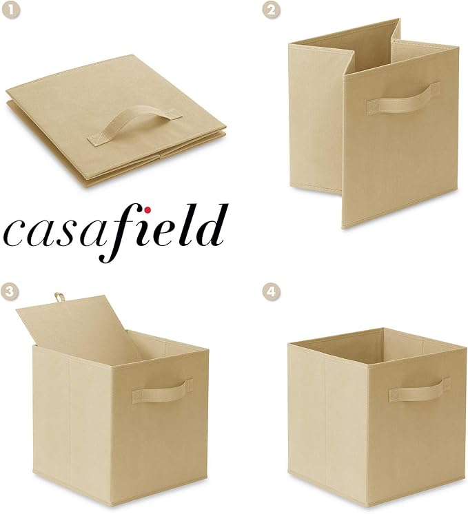 Casafield Set of 12 Collapsible Fabric Cube Storage Bins, Sandy Beige - 11" Foldable Cloth Baskets for Shelves, Cubby Organizers & More - Image 6