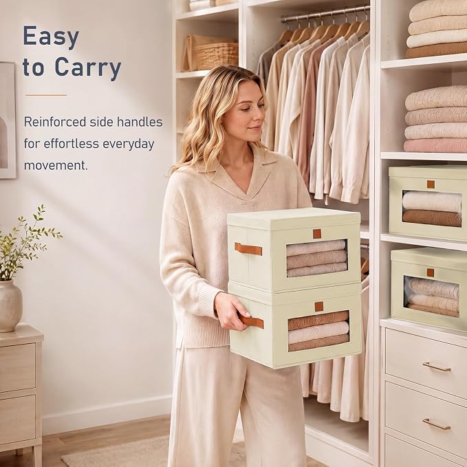 DIMJ Storage Bins with Lids - 6 Pack Front Opening Stackable Fabric Storage Boxes with Clear Window & Handles, Collapsible Closet Organizers for Clothes, Sweaters, Shelf Storage, Bedroom, Beige - Image 5