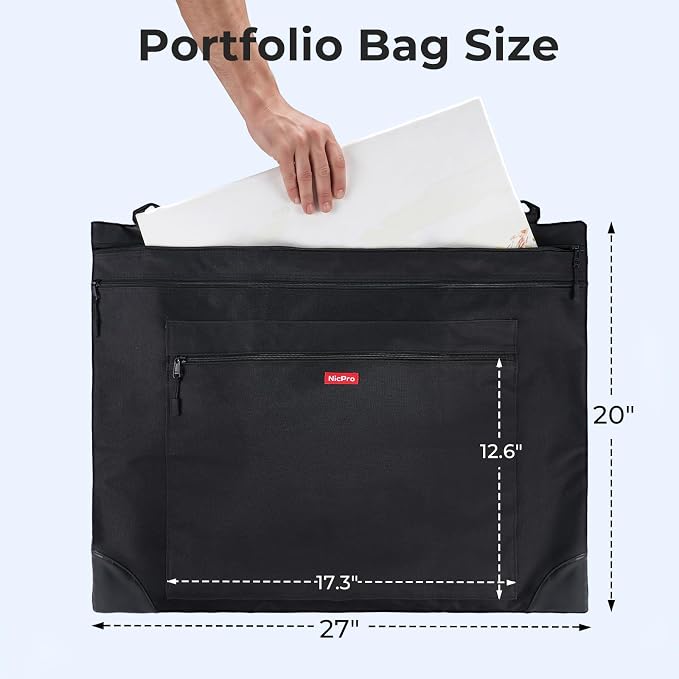 Nicpro Light Weight Art Portfolio Bag, 20" x 26" Art Canvas Portfolio Case | with Detachable Shoulder Strap, Leather Corners, Carrying Storage Case for Artwork, Poster, Sketching, and Drawing, Black - Image 3