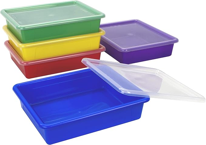 Storex Letter Size Flat Storage Tray – Organizer Bin with Non-Snap Lid for Classroom, Office and Home, Assorted Colors, Pack of 5 (62534U05C) - Image 3
