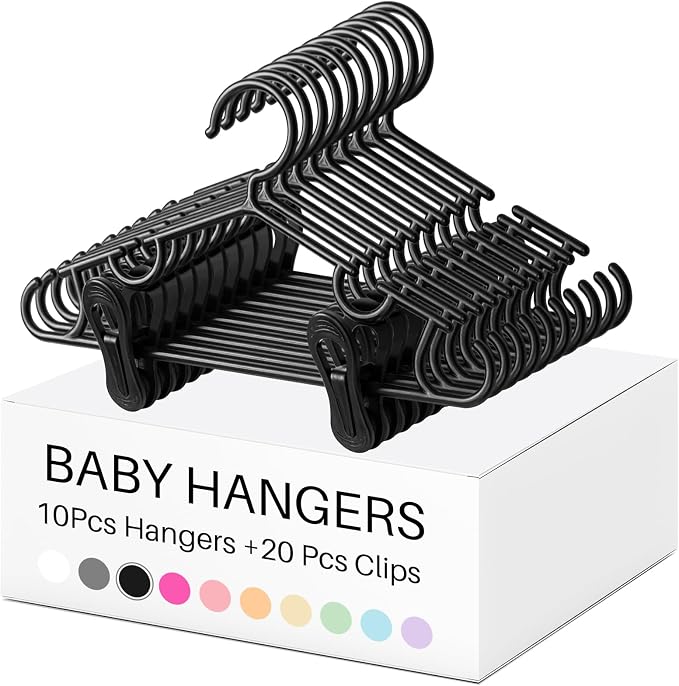 Hsei Baby Hanger with Clip for Pant,30 Packs Total,Black,10.6 Inch | 10 Kids Plastic Hanger with 20 Clips for Newborn, Nursery, Daycare, Preschool, Closet, Wardrobe Organizer for Baby Shower by Hsei