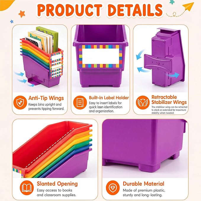 Geetery 12 Pack Non-Tip Book Bins with Stabilizer Wings Multicolor Plastic Storage Organizers Color Code Organization for Home Office Desktop Library Shelves Document Magazine File Holder (Rainbow) - Image 3