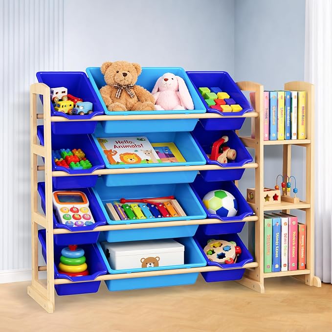 Kids Toy Storage Organizer with Bookshelf – Wooden Shelf with 12 Bins & 3 Shelves, Quick Assembly Storage Rack for Playroom, Bedroom, Nursery– Blue by KidsToyStorageOrganizer