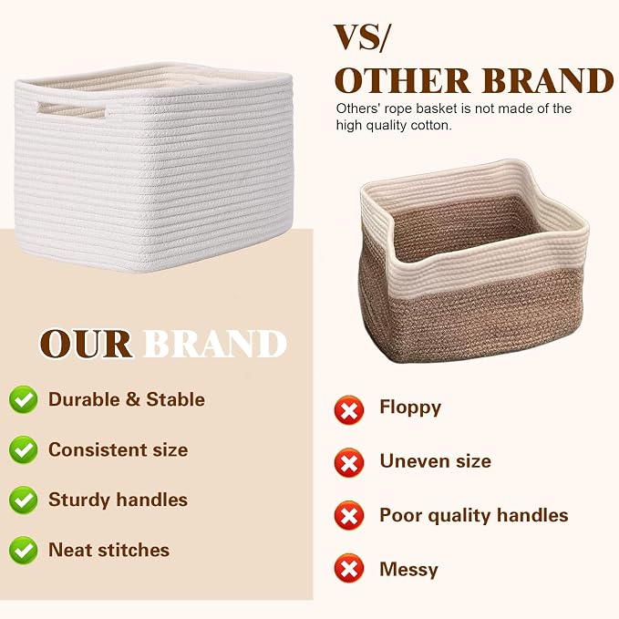 Storage Baskets for Organizing, 4 Pack Baskets for Shelves, Decorative Storage Bins for Shelves, Cotton Rope Storage Basket with Handles, Woven Basket for Storage, 13''Lx8.7''Wx7.9''H, White - Image 4