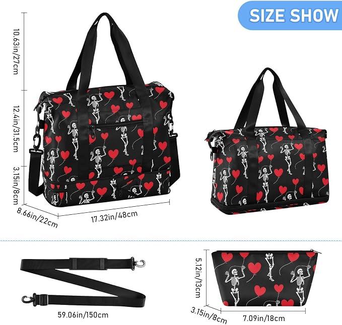 Travel Duffel Tote Bag Romantic Skull Gothic Sports Duffel Bag with Wet Pocket Weekender Overnight Bag for Women Men Gym Bag, Carry On Bag Hospital Bag for Labor and Delivery - Image 2