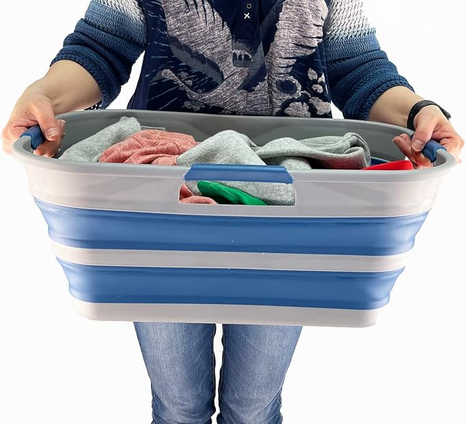 SAMMART 21L (5.5 Galloons) Collapsible Plastic Storge Basket - Foldable Pop Up Storage Container/Organizer - Portable Washing Tub - Space Saving Hamper/Basket (Grey/Mist Blue (Set of 2)) - Image 6