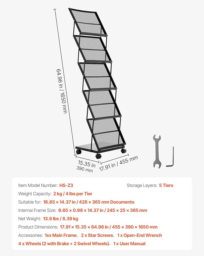 VEVOR Brochure Display Rack, Foldable 5 Pockets Magazine Literature Display Stand, Movable Floor Standing Magazine Rack with Wheels, Metal Newspaper Catalog Holders for Shop Exhibitions Office Show - Image 7