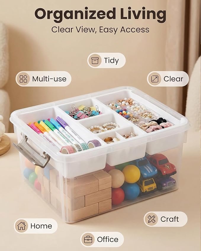 EOENVIVS 17 QT Clear Craft Storage Organizer Box with Removable Tray, Plastic Storage Bins with lids for Kids Art Supplies, Toys, Beads, Tools, Sewing & Classroom Clear+White Bulcket - Image 4