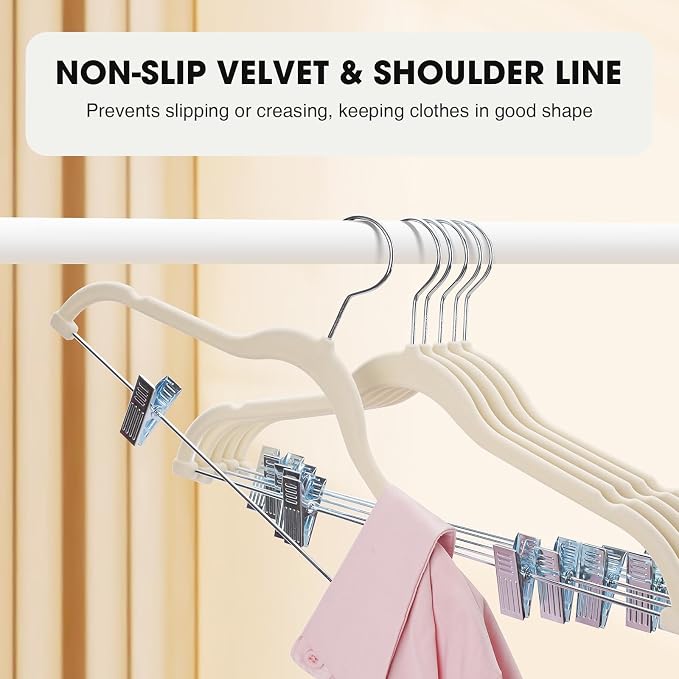 24-Pack Beige Velvet Hangers with Clips Adjustable,Adult Hangers,Heavy-Duty,Felt,Non-Slip,Space Saving,Slim Outfit Hanger for Pants, Skirts, Suits,Coats, Dresses ect. - Image 4