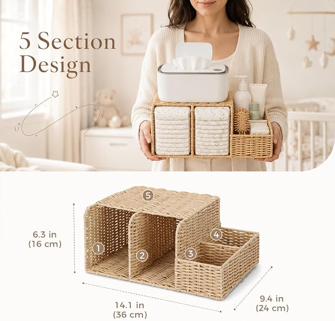Rattan Diaper Caddy Organizer for Changing Table | Hand Woven Nursery Storage Basket for Baby Essentials, Baby Changing Table Organizer Perfect Nursery Assistant - Image 3