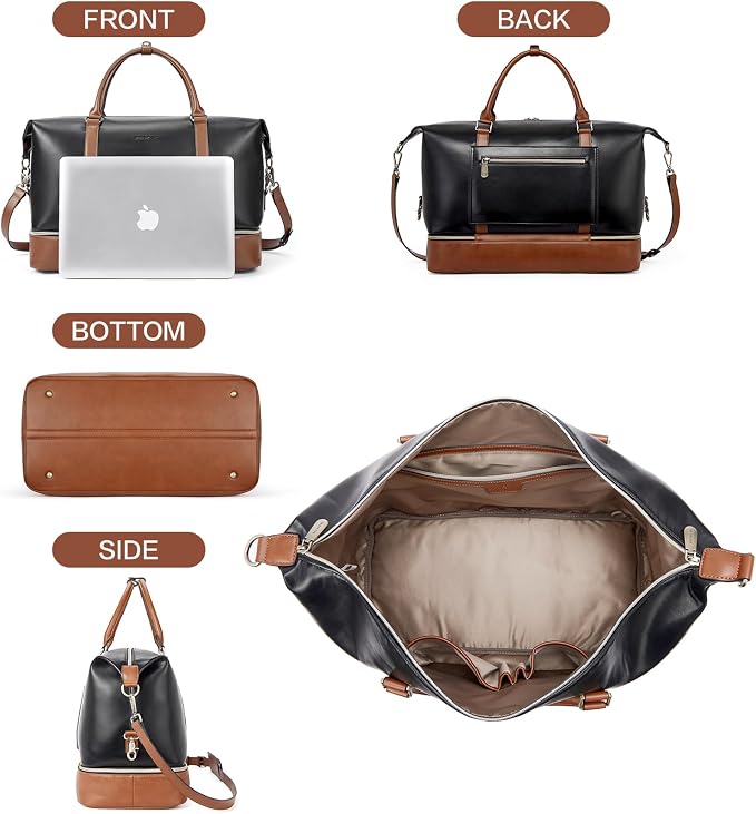 BOSTANTEN Weekender Bags for Women Leather Travel Duffle Bag | Shoe Compartment, Trolley Sleeve, Fits Under-seat, Airline-Friendly Carry-on Size, Weekend Getaways, Overnight, Road Trip - Image 6