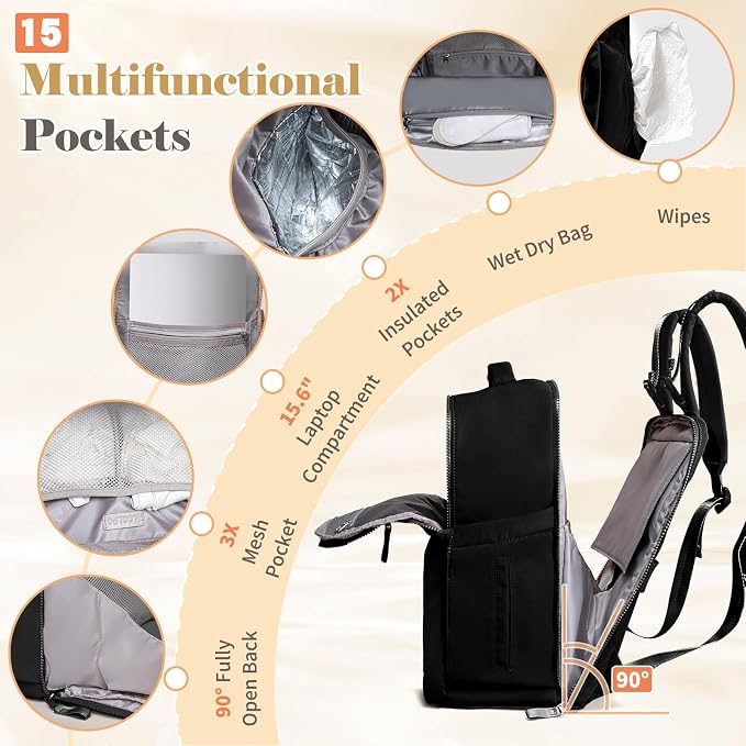 Diaper Bag with Changing Station Large Diaper Backpack Baby Bag | 15 Pocket,Changing Pad,2 Insulated Pockets,Stroller Straps,Lightweight Waterproof Laptop Yoga Backpack,Black - Image 4