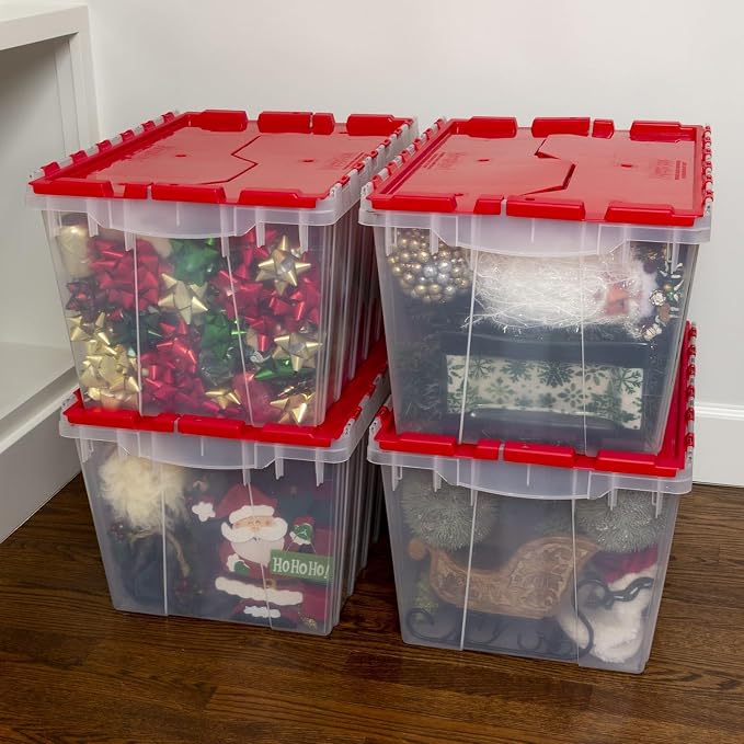 Akro-Mils KeepBox 12 Gallon Storage Container, Nesting and Stackable Plastic Storage Box with Lid Attached, Clear Tote for Garages, Closets, and Moving, 21-1/2" x 15" x 12-1/2", Clear/Red, 6-Pack - Image 7