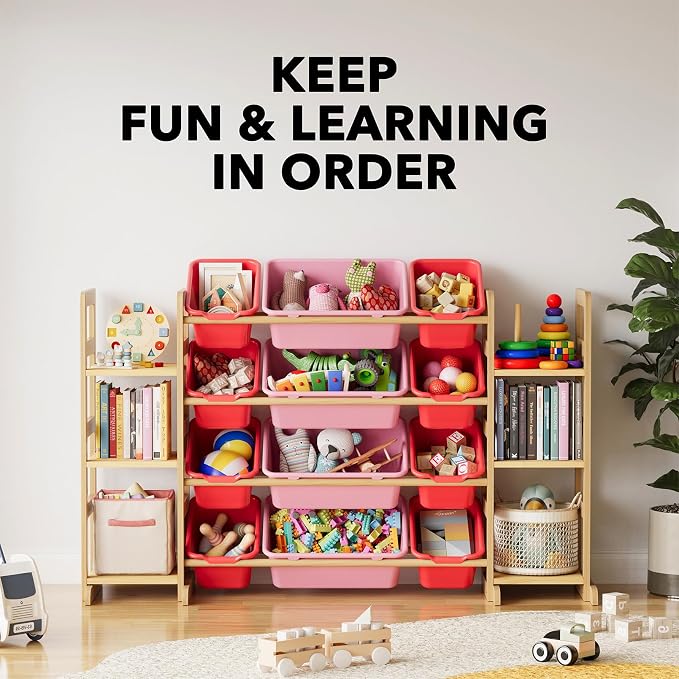 SpaceAid Toy Storage Organizer with 6 Shelves and 12 Bins, Toy Organizers Storage Bookshelf, Kids Bin Shelf Toys Box Bookcase for Bedroom Playroom Organization Room Decor, Red and Pink - Image 6